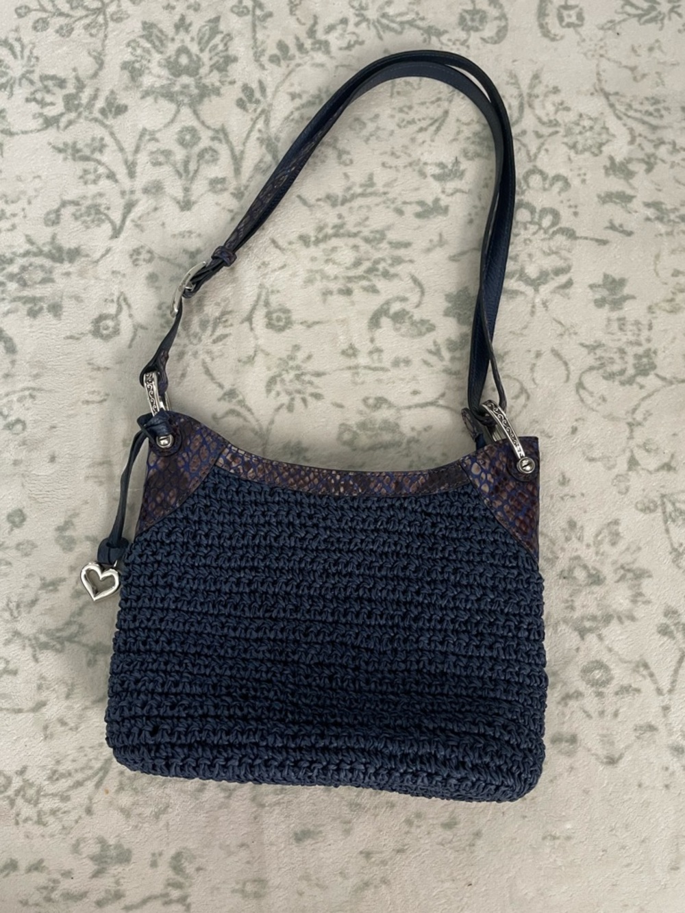 Brighton Navy Woven Shoulder Bag with Brown Trim and Silver Heart Charm